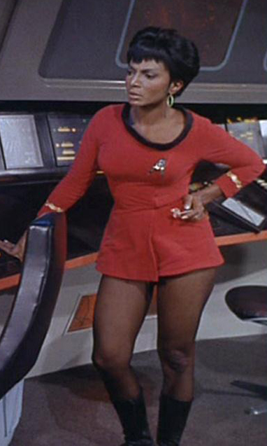 I don't think that skirt could be an millimeter higher. Don't bend over Uhura! Please. 